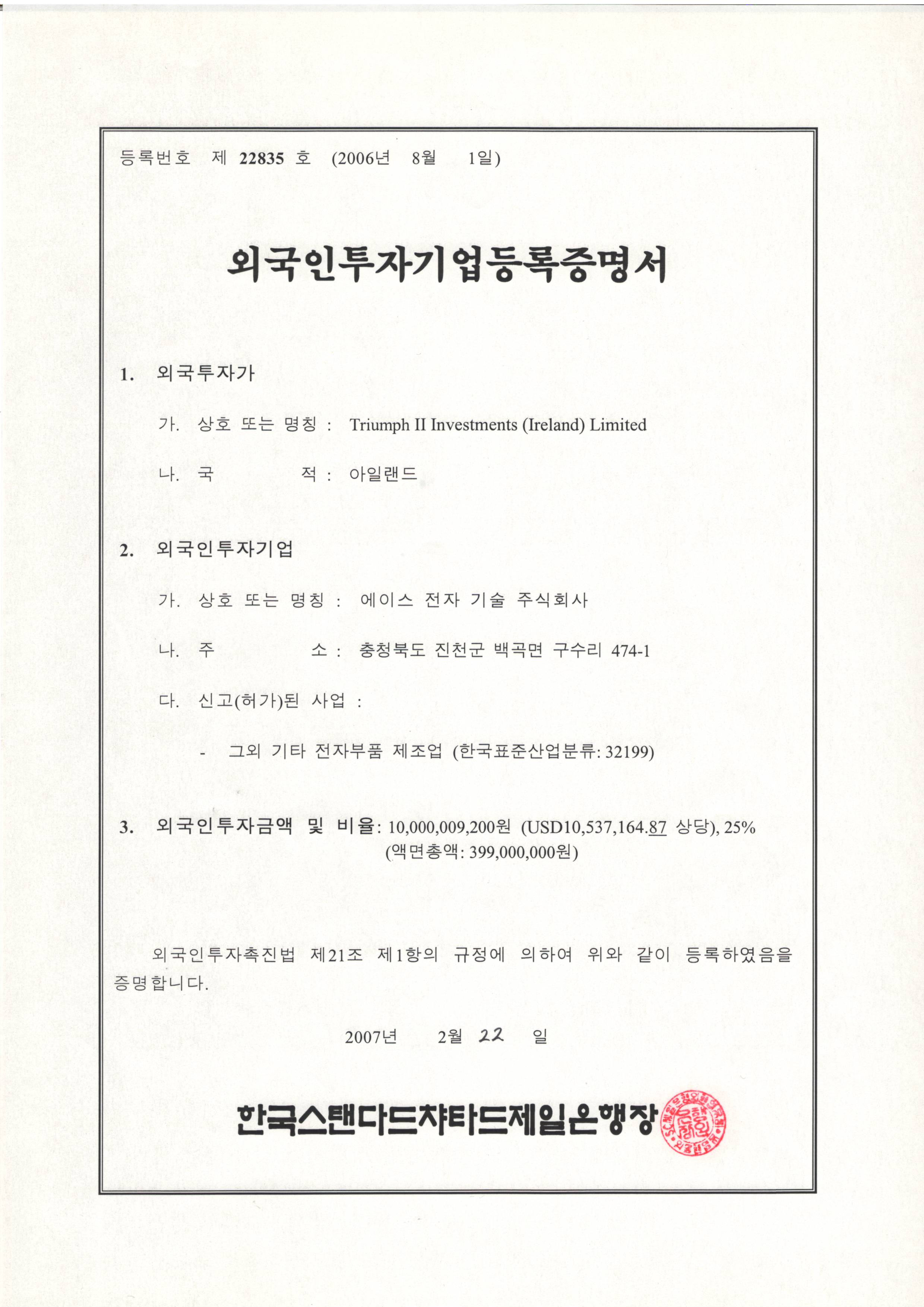 外商投资企业登记证书